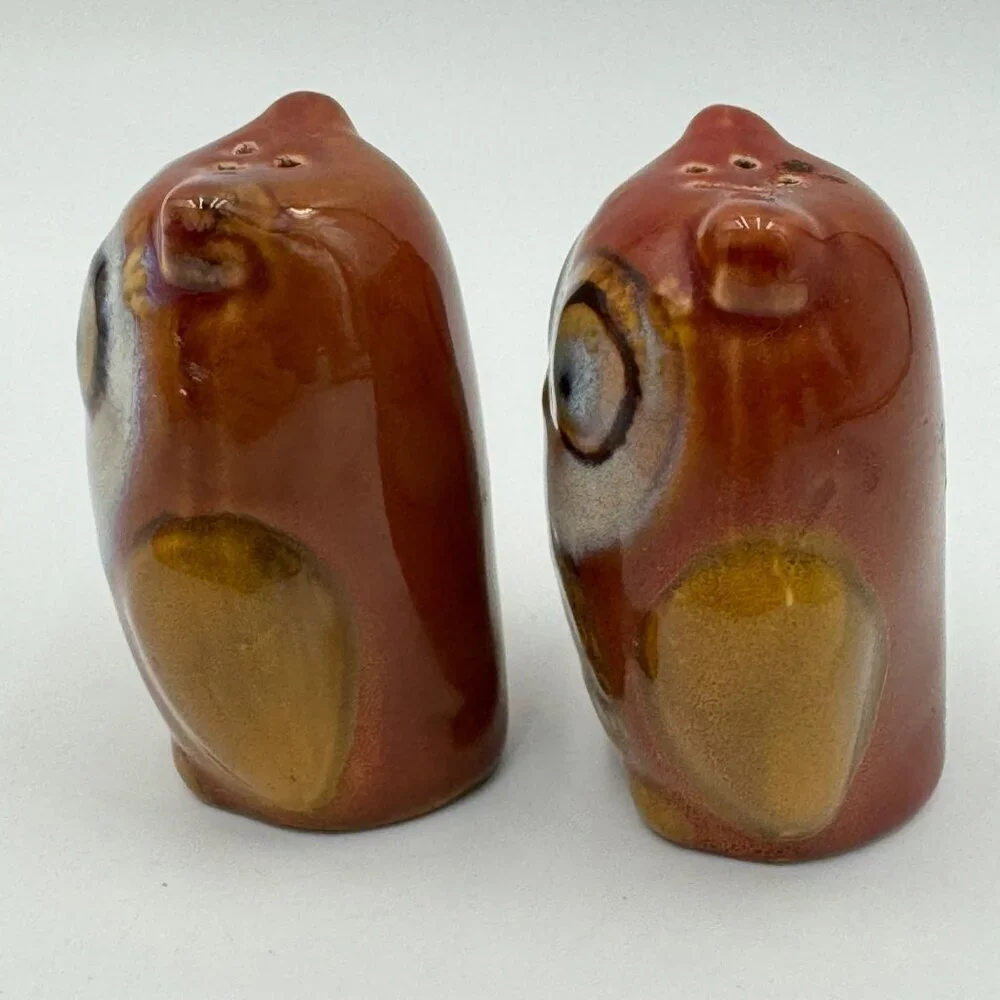 Vintage Ceramic Owl Salt & Pepper Shakers Brown & Beige Retro Pottery